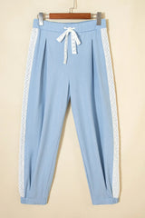 Beau Blue Lace Accent Floral Patched Pocket Pleated Wide Leg Slouchy Pants