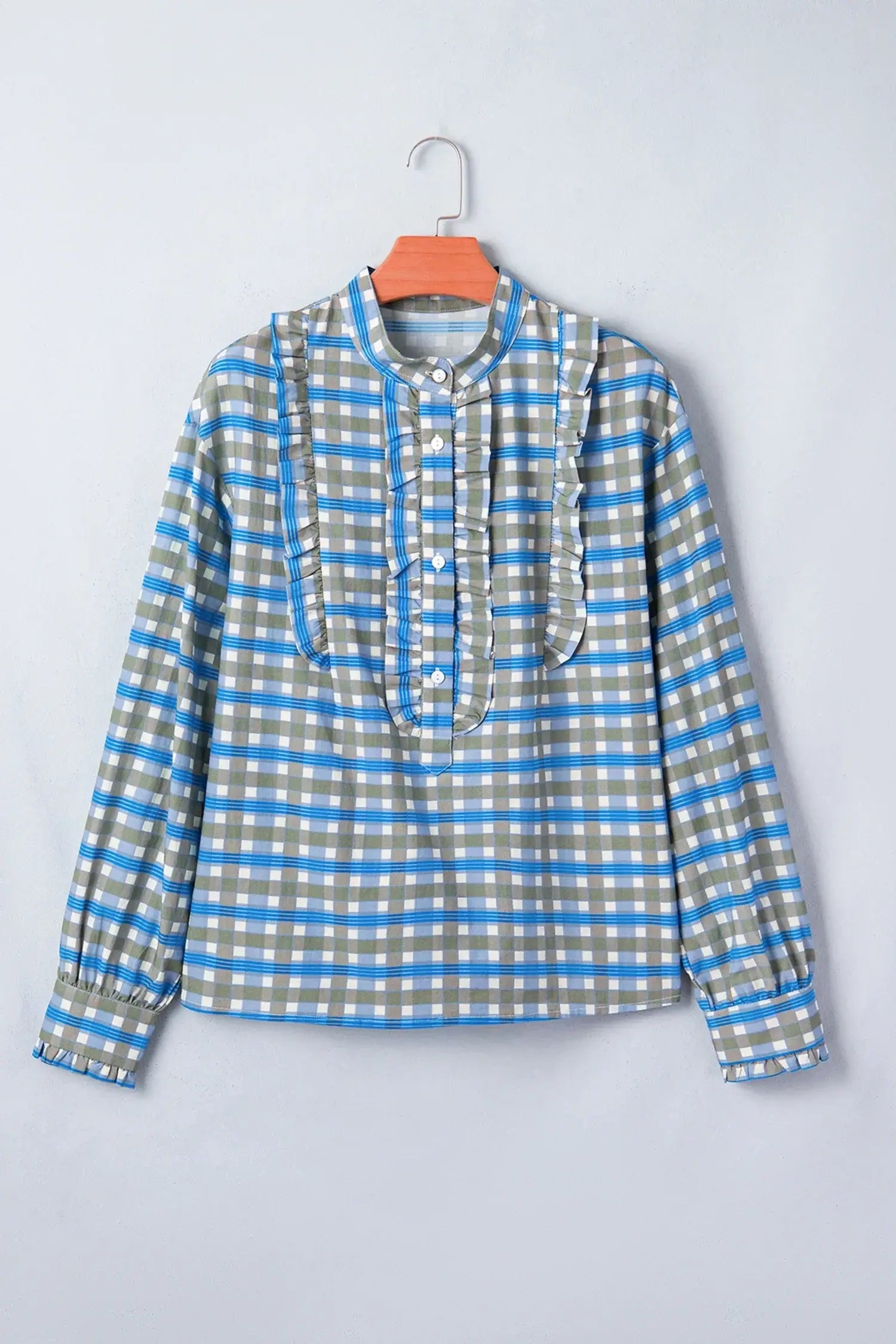 Sky Blue Plaid Long Sleeve Frilled Detail Half Button Blouse