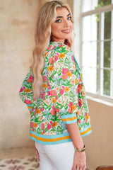 Green Floral Print Striped Trim Tie Neck Puff Sleeve Babydoll Blouse