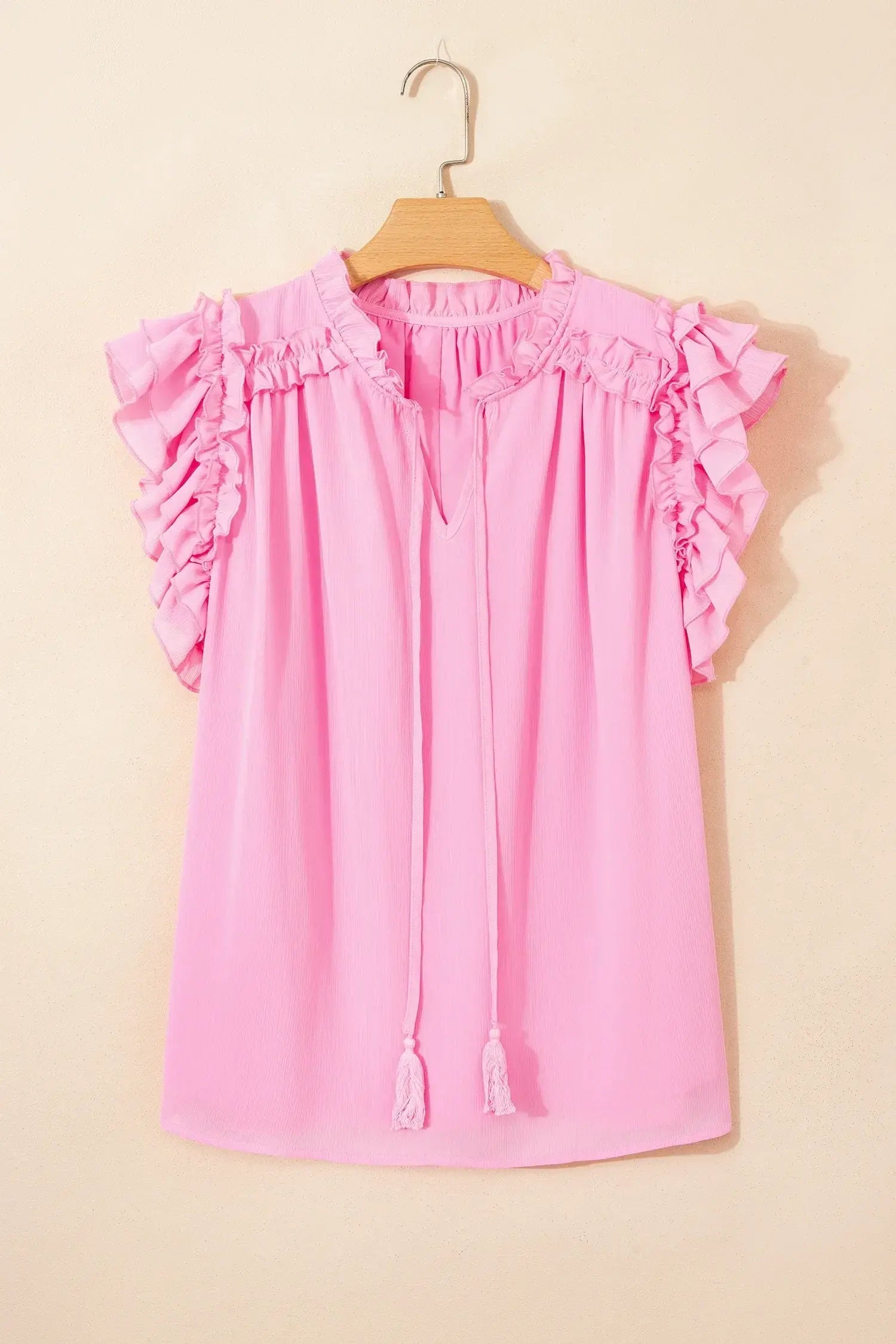 Bonbon Plus Size Textured Tassel Tie V Neck Ruffle Short Sleeve Blouse
