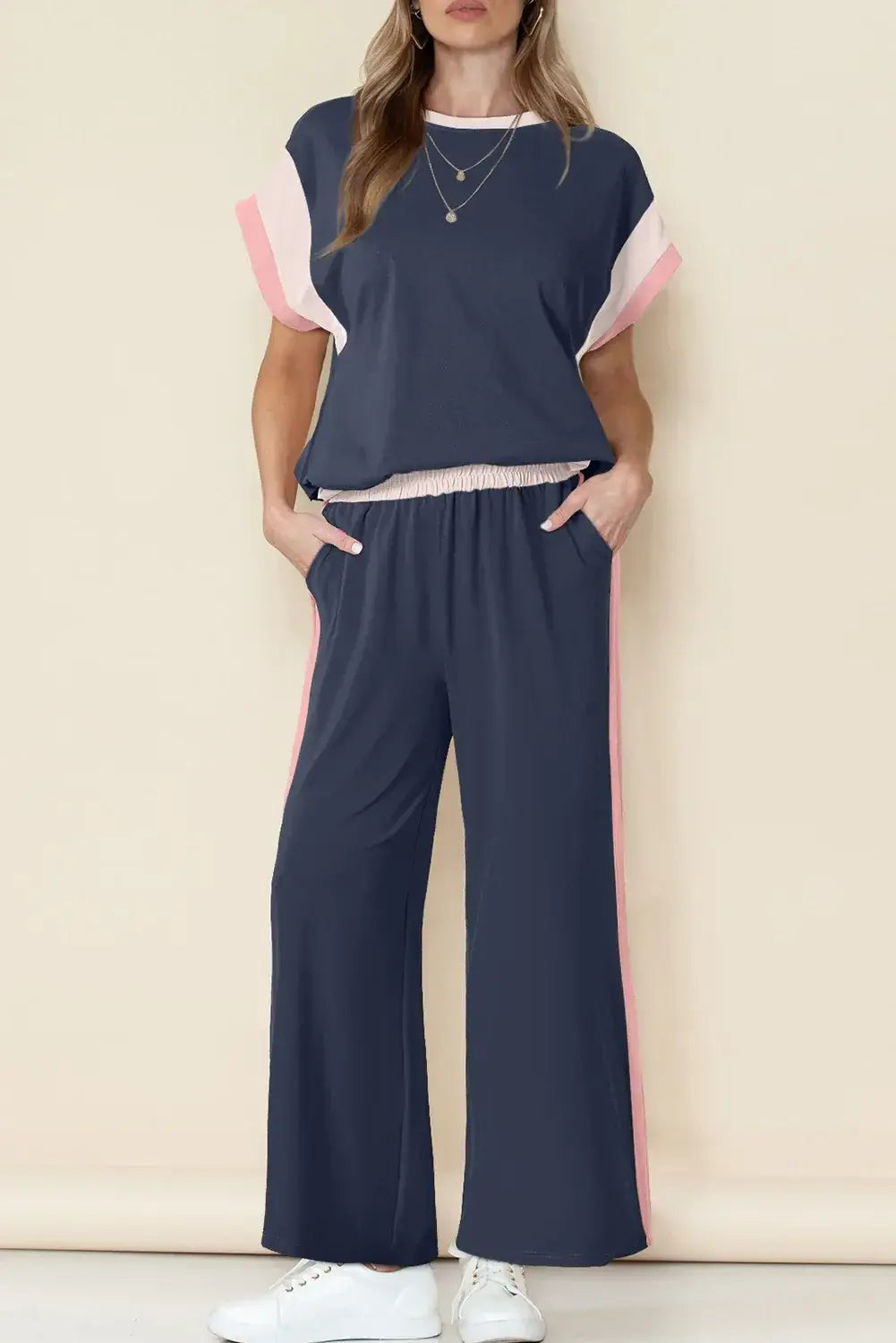 Dark Green Color Block Detail Casual Two-piece Set