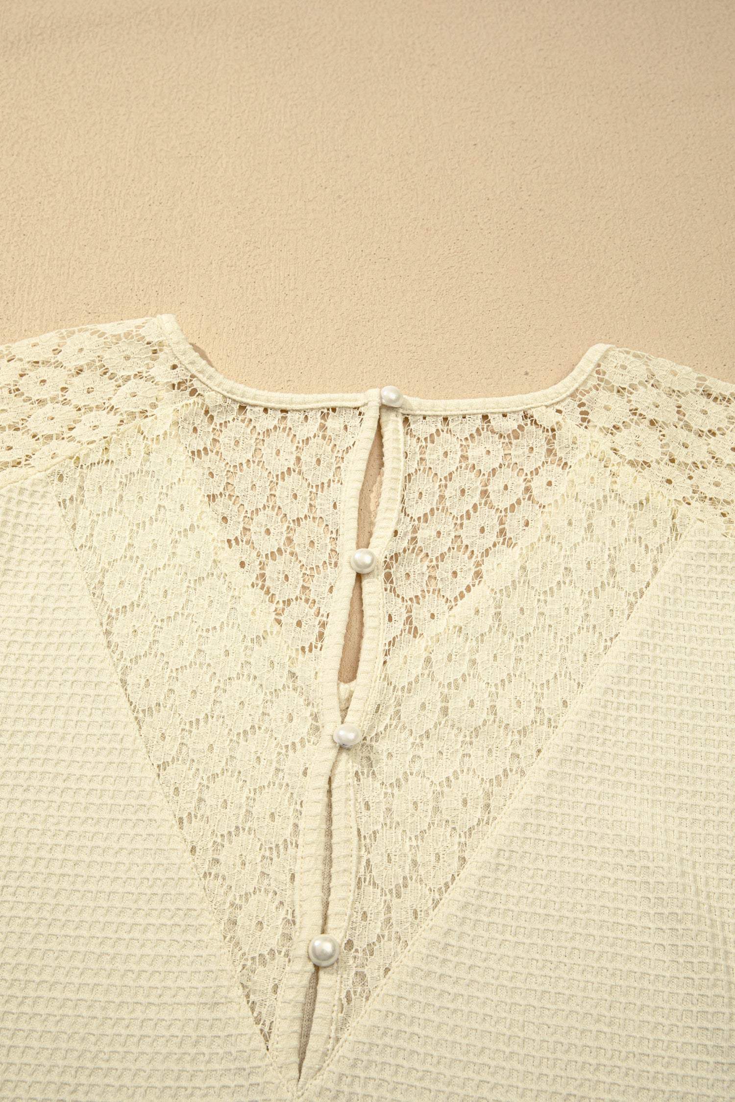 Beige Lace Splicing Button Cutout V Neck Waffle Knit Blouse