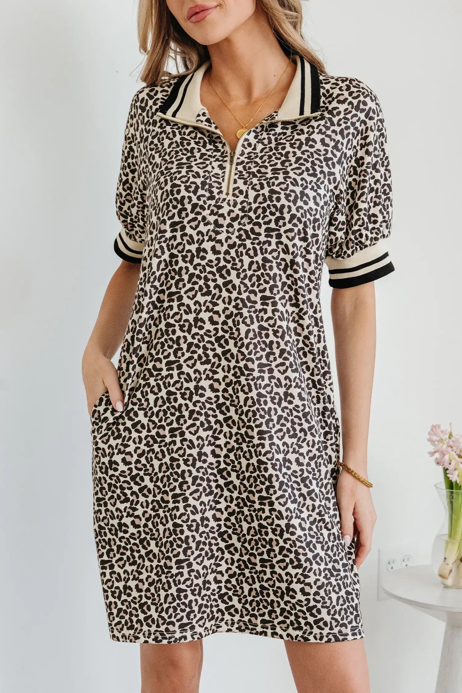 Khaki Leopard Print Zip Neck Striped Webbing Patchwork T Shirt Mini Dress