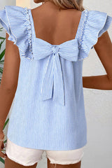 Sky Blue Stripe Square Neck Bow Decor Frilly Ruffled Short Sleeve Blouse