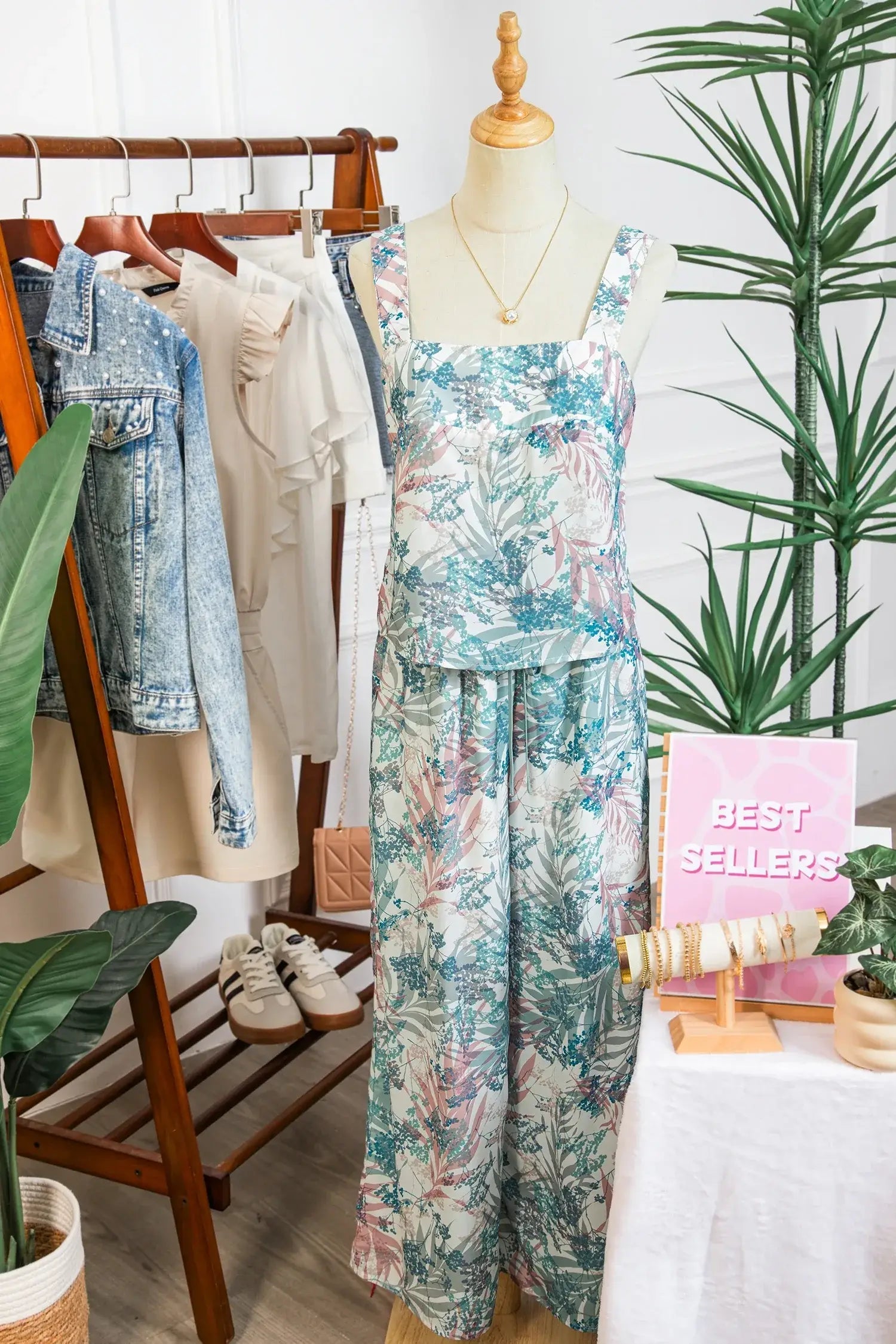 Green Tropical Palm Printed Cropped Tank Drawstring Wide Leg Pant Set