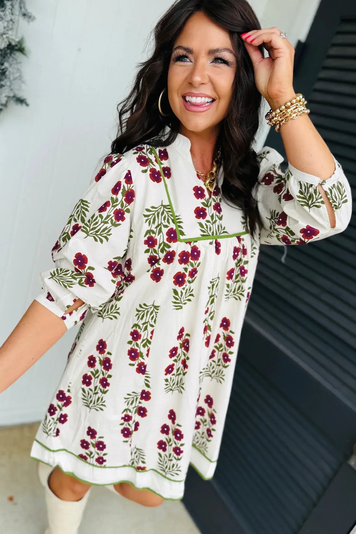 White Frilled V Neck 3/4 Sleeve Loose Floral Dress