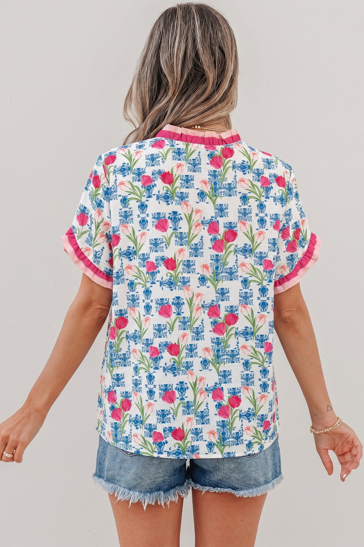 Rose Floral Print Ruffle V-Neck Short Sleeve Loose Tunic Shirt