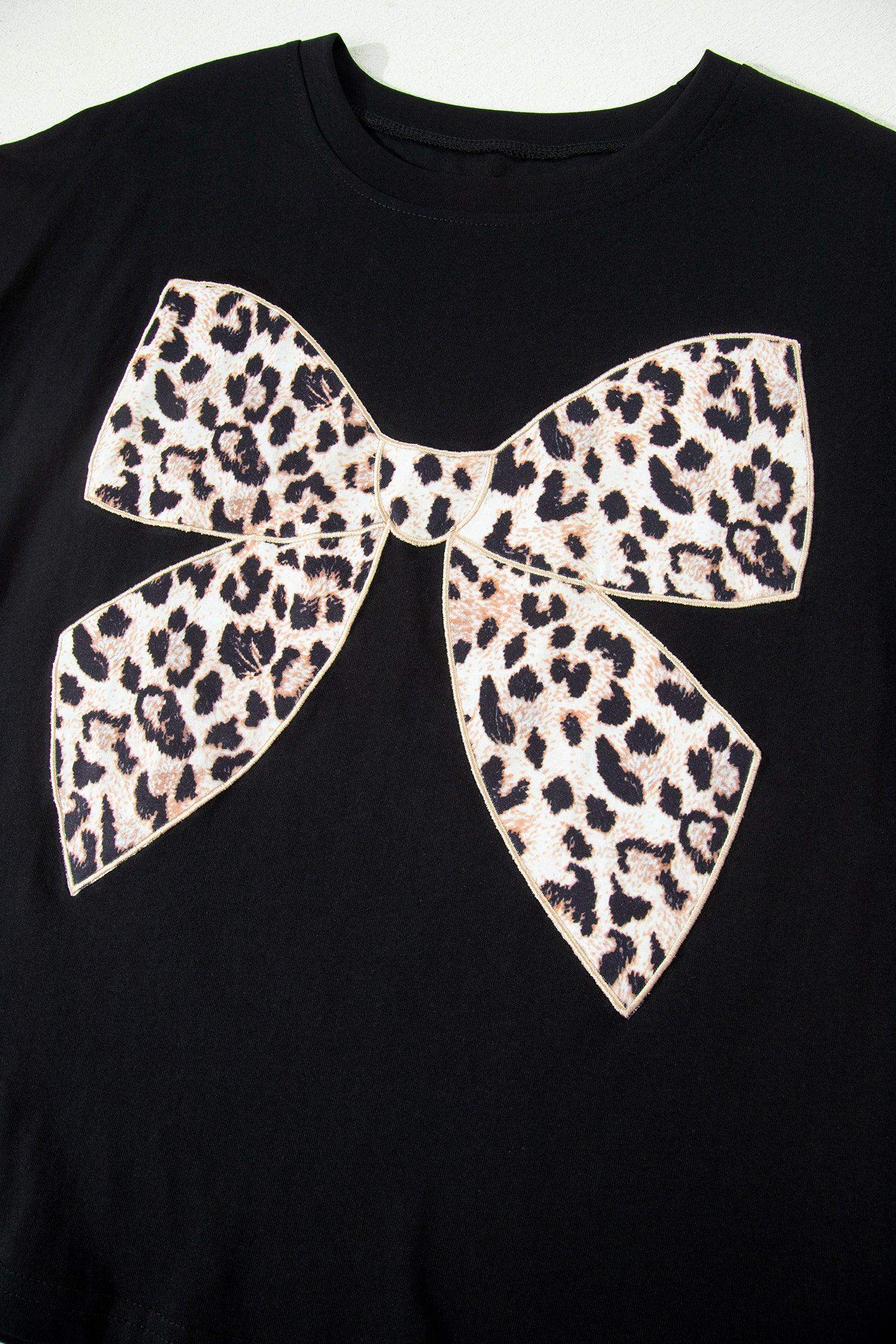 Black Leopard Bow Embroidered Cotton Round Neck T Shirt