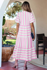 Pink Stripe Ricrac Trim Notched Neck Half Sleeve Vacation Dress