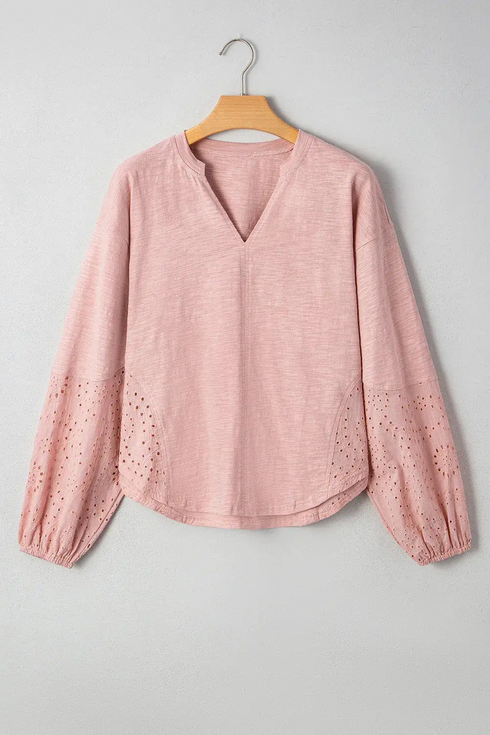 Light Pink Keyhole Notch V Neck Batwing Sleeve Blouse