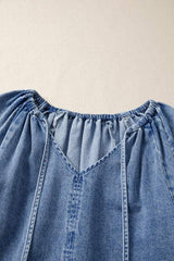 Sky Blue Stripe Raw Edge Drawstring Elastic Waist Casual Denim Shorts