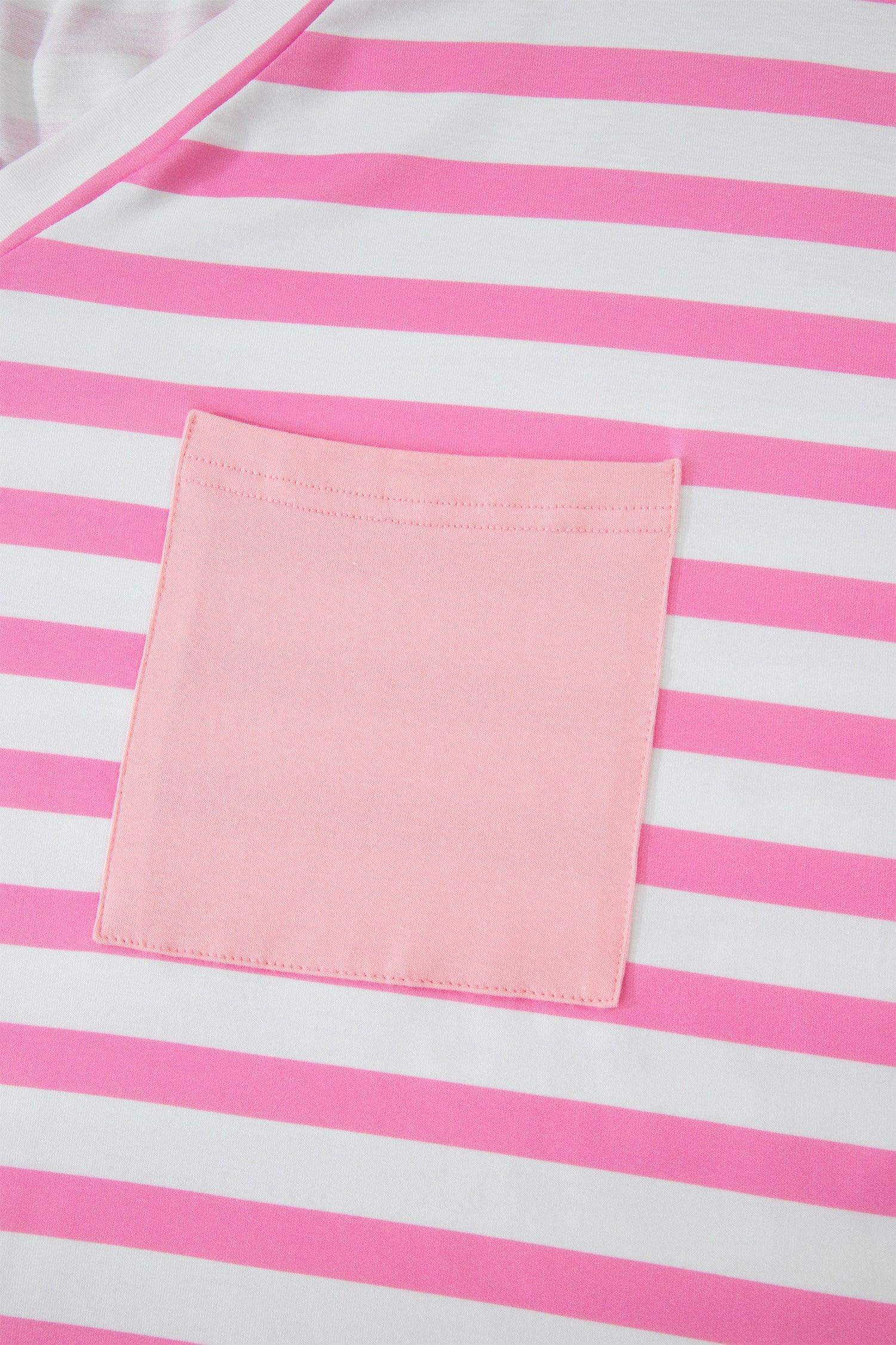 Pink Stripe Colorblock Patched Pocket V Neck Plus Size Tee
