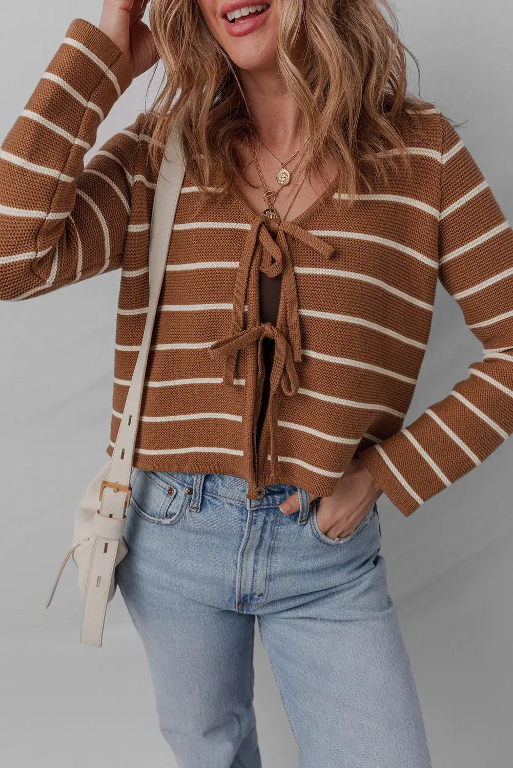 Chestnut Tie Front Striped Knit V Neck Cardigan Sweater