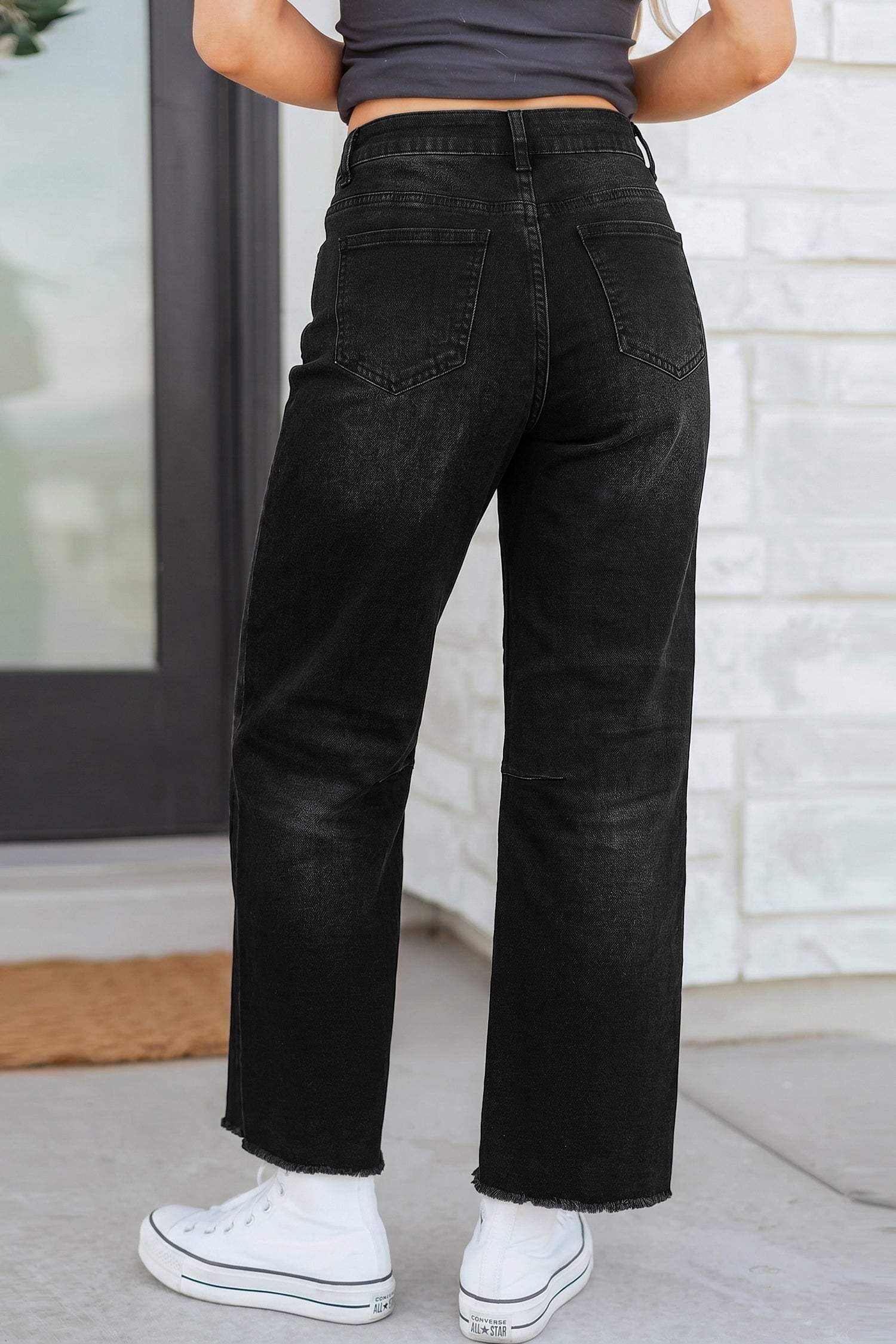 Black Frayed Cropped Straight Jeans