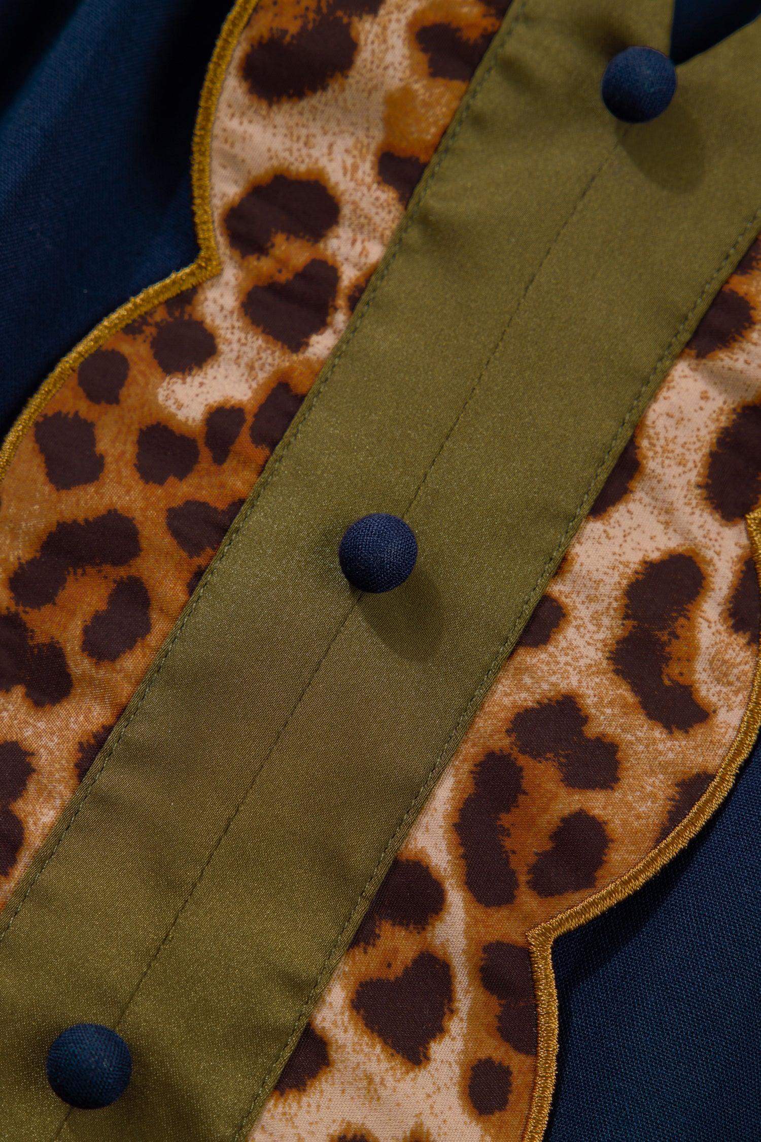 Navy Blue Button Detail Leopard Metallic Trim Short Sleeve Tunic Dress