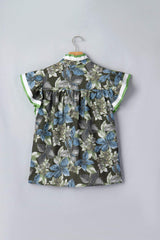 Green Ruffled Short Sleeve Floral Summer Blouse