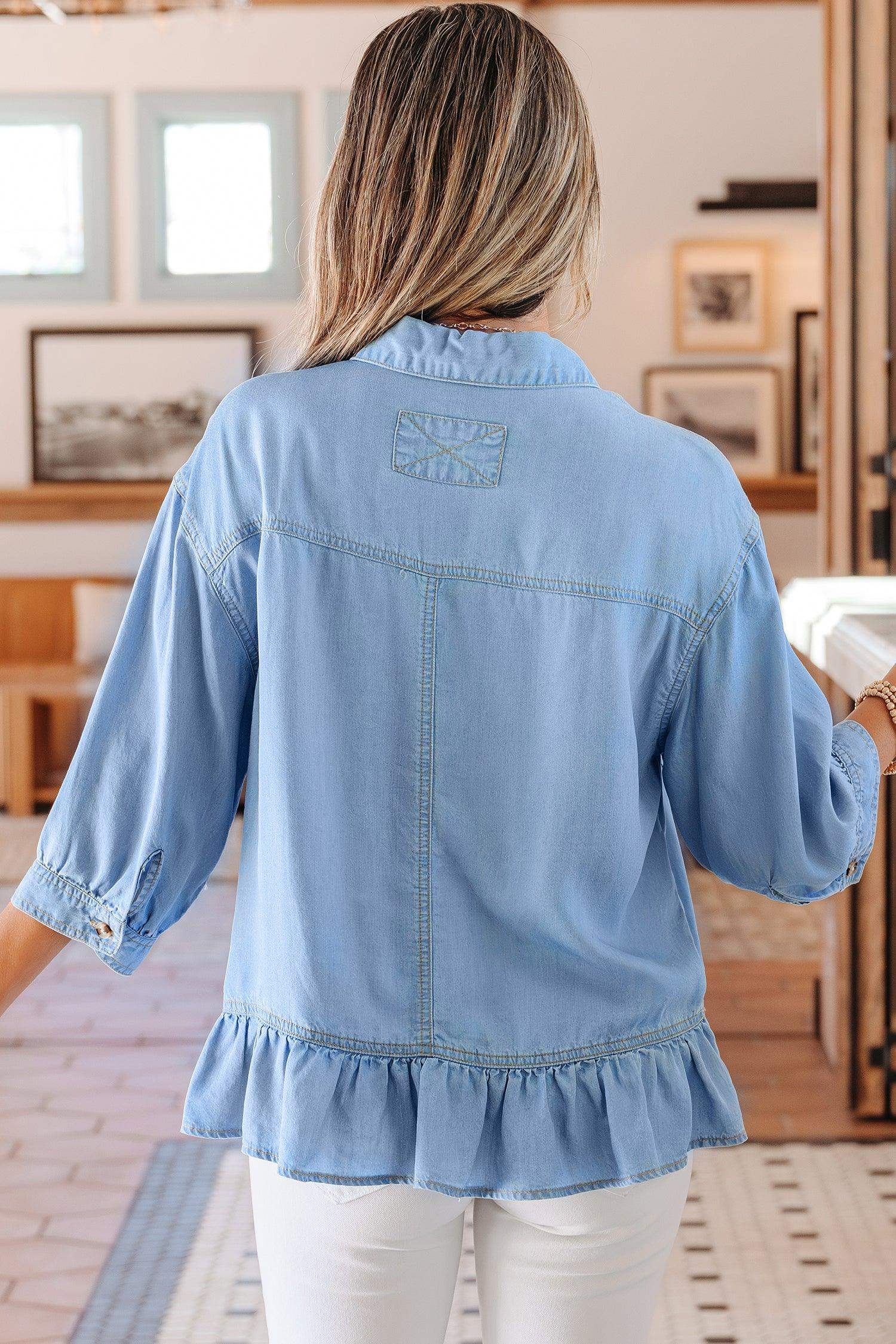 Beau Blue Half Sleeve Button Down Ruffled High Low Chambray Shirt