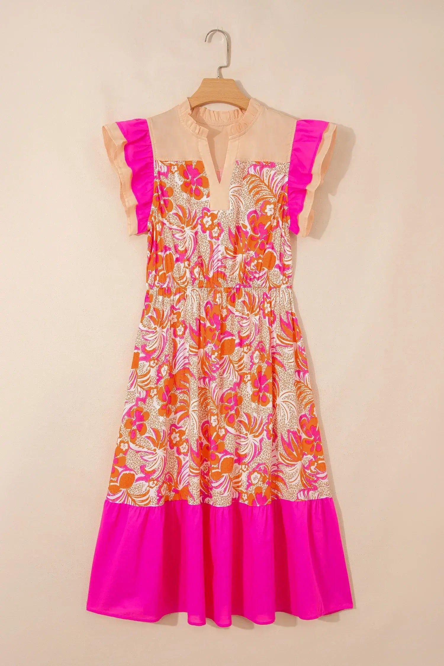 Rose Floral Print Color Block Ruffled Short Sleeve Flared Midi Dress