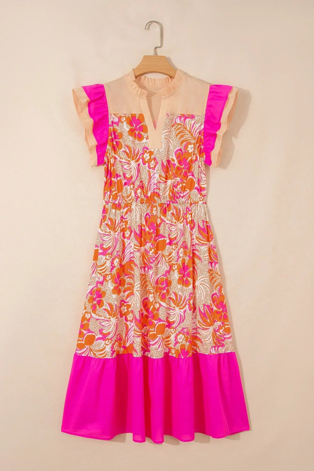 Rose Floral Print Color Block Ruffled Short Sleeve Flared Midi Dress