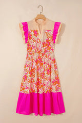 Rose Floral Print Color Block Ruffled Short Sleeve Flared Midi Dress