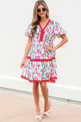 Pink Floral Print Contrast Trim V Neck Bubble Short Sleeve Babydoll Dress