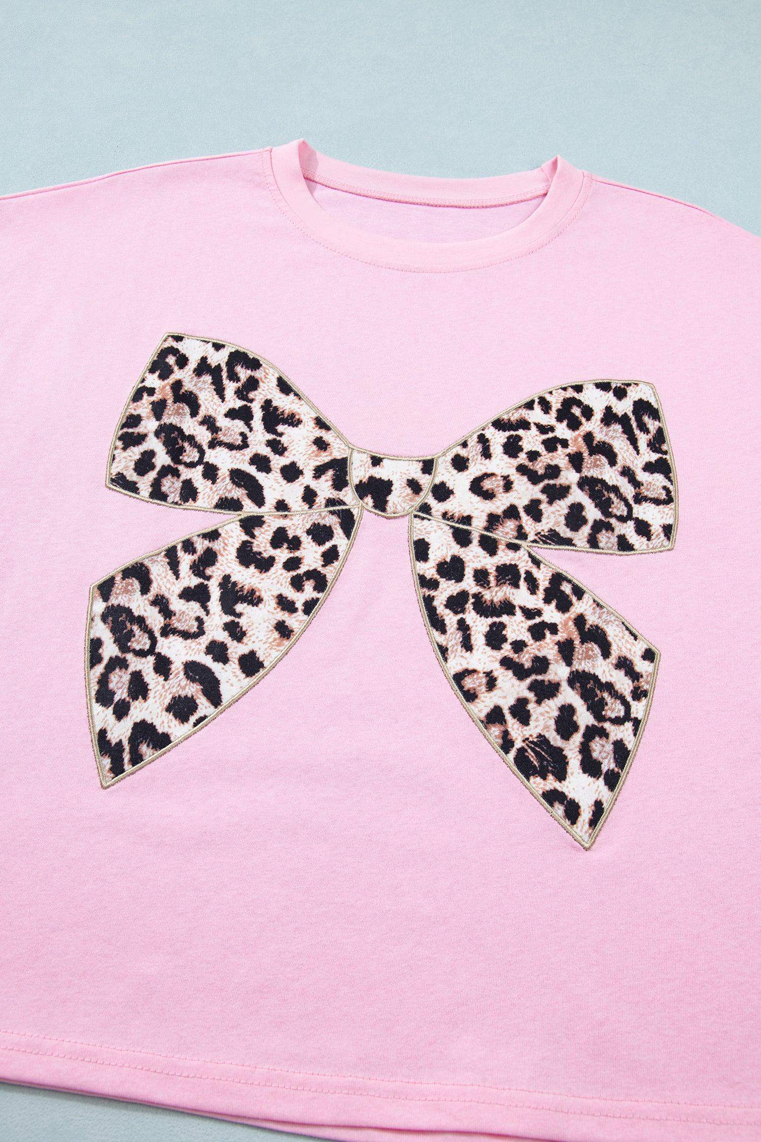 Black Leopard Bow Embroidered Cotton Round Neck T Shirt