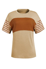 Tan Color Block Striped Detail Loose T Shirt