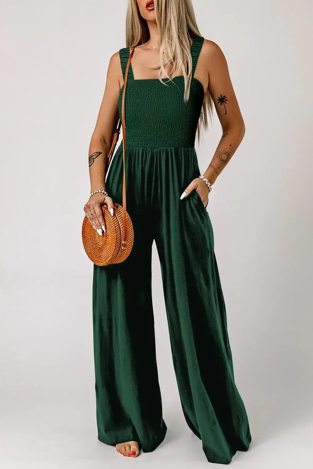 Ginger Smocked Sleeveless Wide Leg Jumpsuit with Pockets