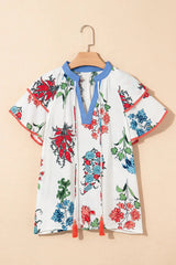 White Floral Print Contrast V Neck Tassel Tie Lace Detail Short Sleeve Blouse