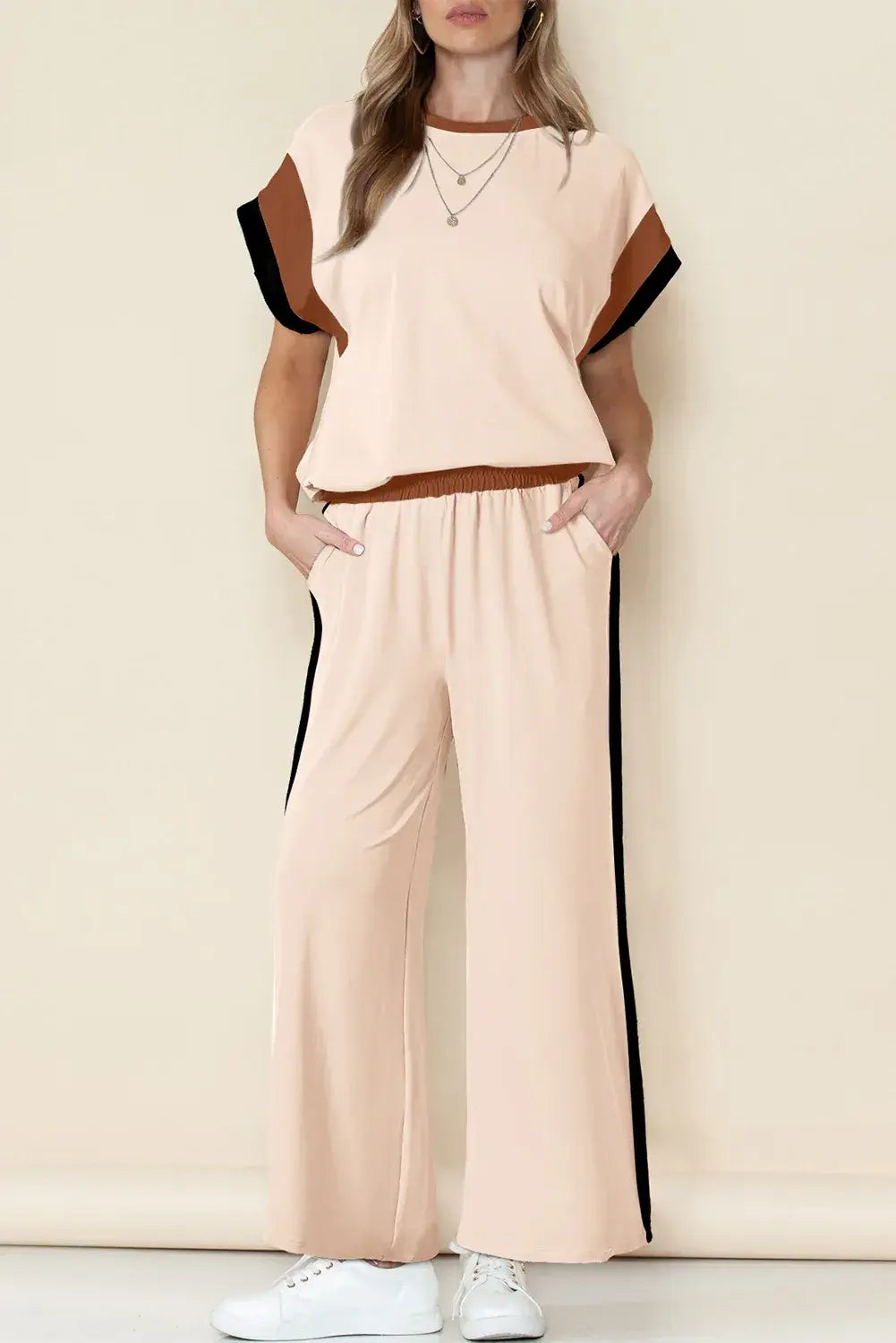 Dark Green Color Block Detail Casual Two-piece Set