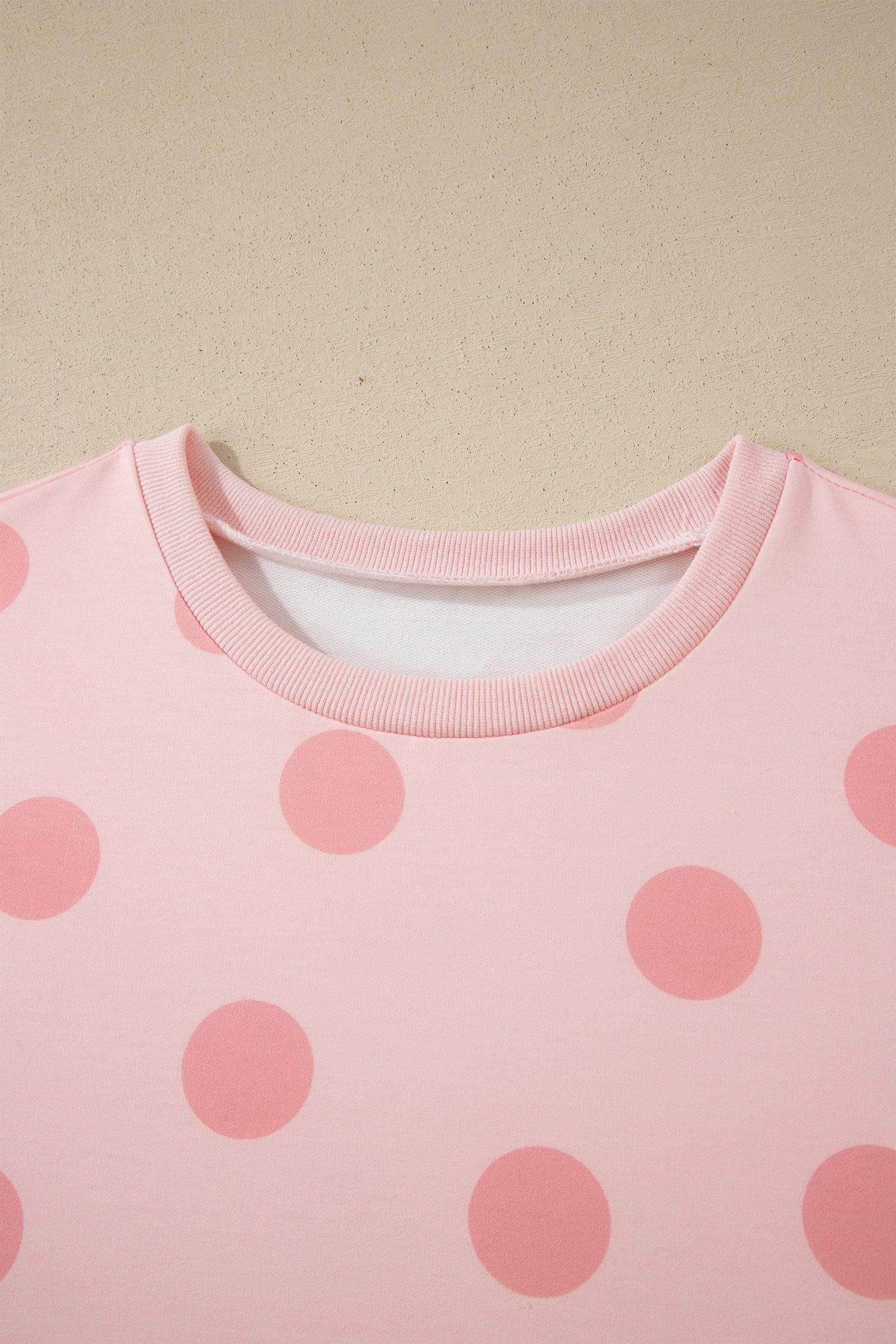 Pink Polka Dot Print Loose Tee Drawstring Elastic Waist Short Set
