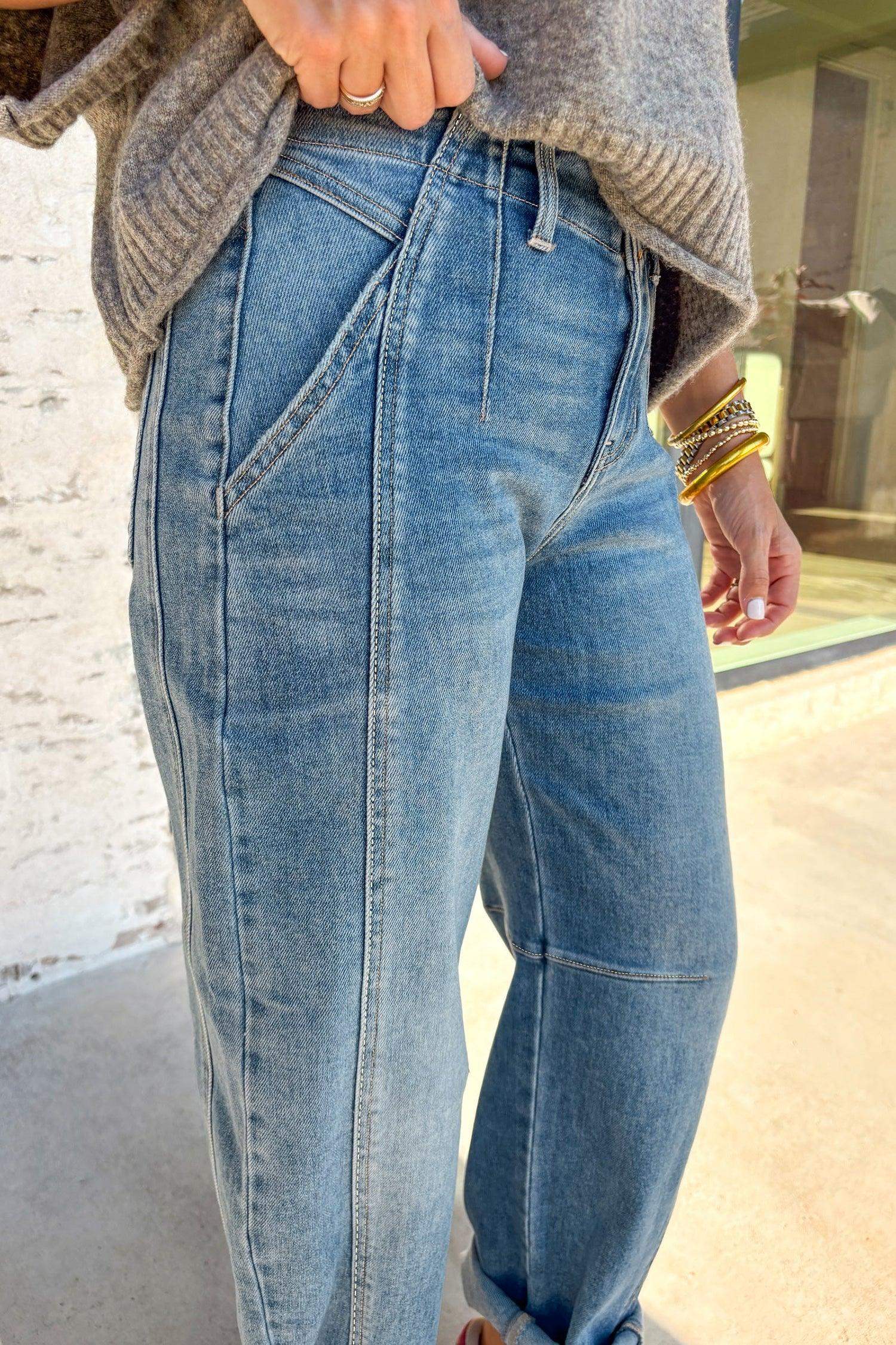 Sky Blue Medium Wash Cuffed Barrel Jeans