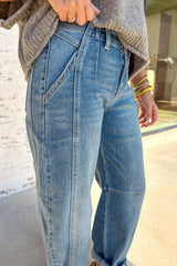Sky Blue Medium Wash Cuffed Barrel Jeans