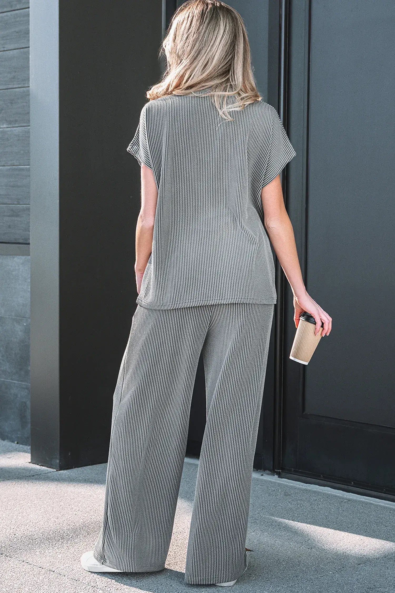Dark Grey Twisted Ribbed High Neck Loose Tee Elastic High Waist Loose Pant Set