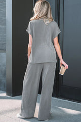 Dark Grey Twisted Ribbed High Neck Loose Tee Elastic High Waist Loose Pant Set