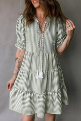 Green Stripe Tasseled Tie Neck Ruffled Short Sleeve Tiered Flattering Dress