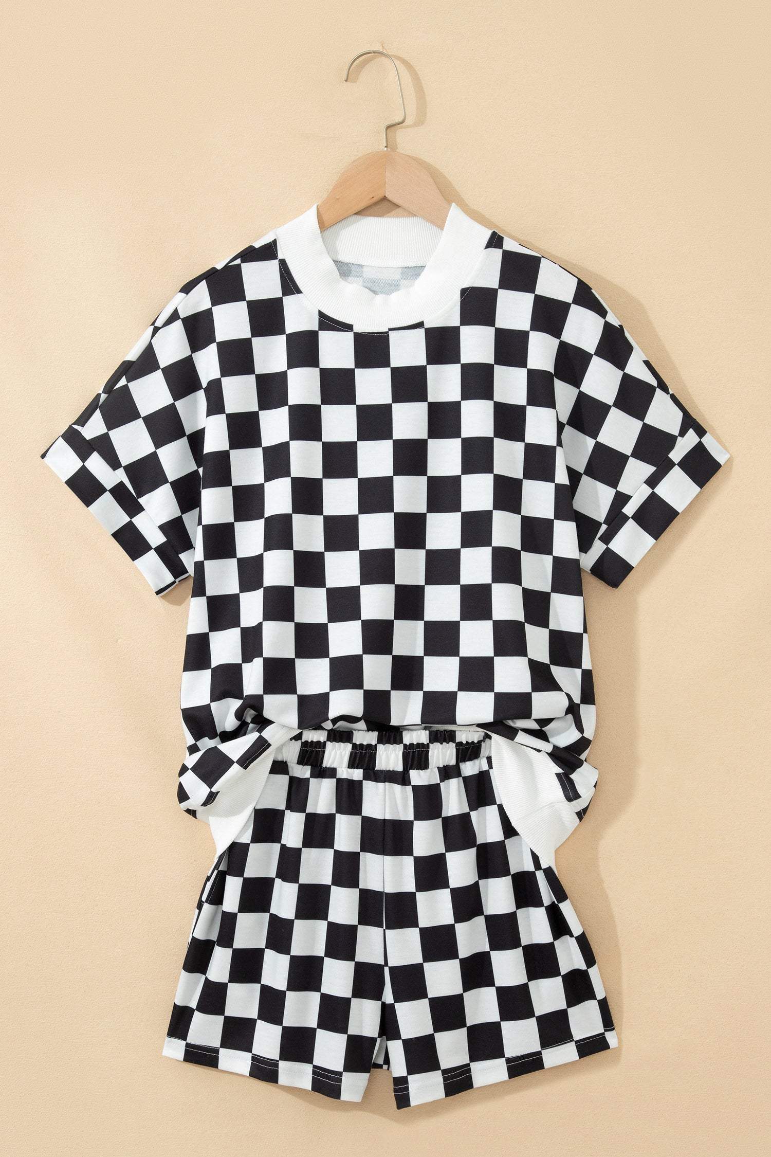 Black Checkered Print Color Block Trim Mock Neck Short Set