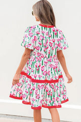 Pink Floral Print Contrast Trim V Neck Bubble Short Sleeve Babydoll Dress