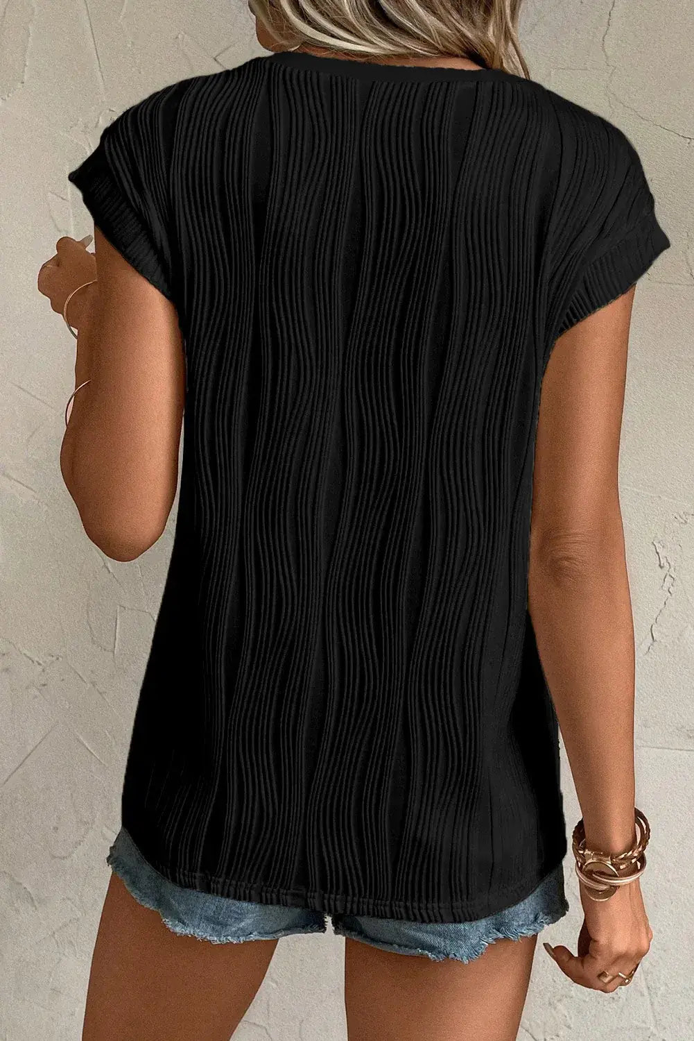 Apricot Wavy Textured Button V Neck Tee