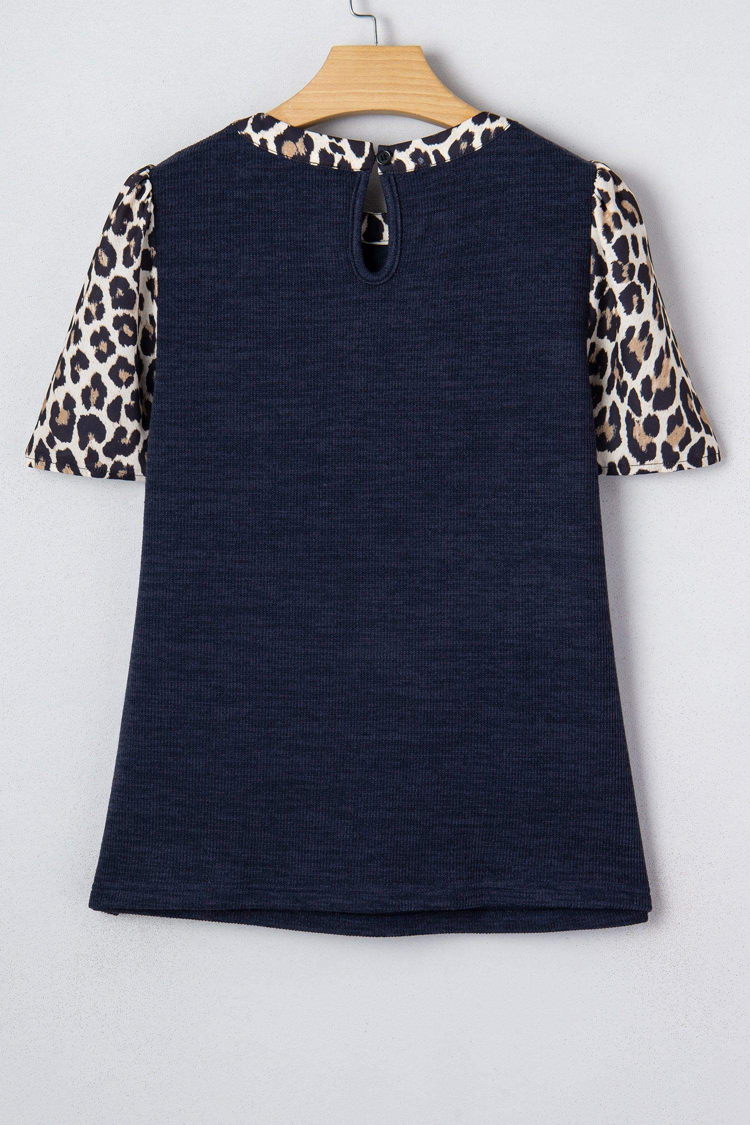 Navy Blue Ribbed Contrast Leopard Patchwork Short Sleeve Top