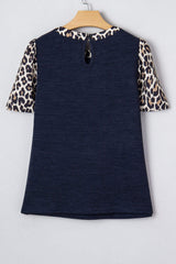 Navy Blue Ribbed Contrast Leopard Patchwork Short Sleeve Top