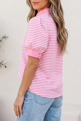 Pink Stripe Color Block Detail Split Neck Short Sleeve Blouse
