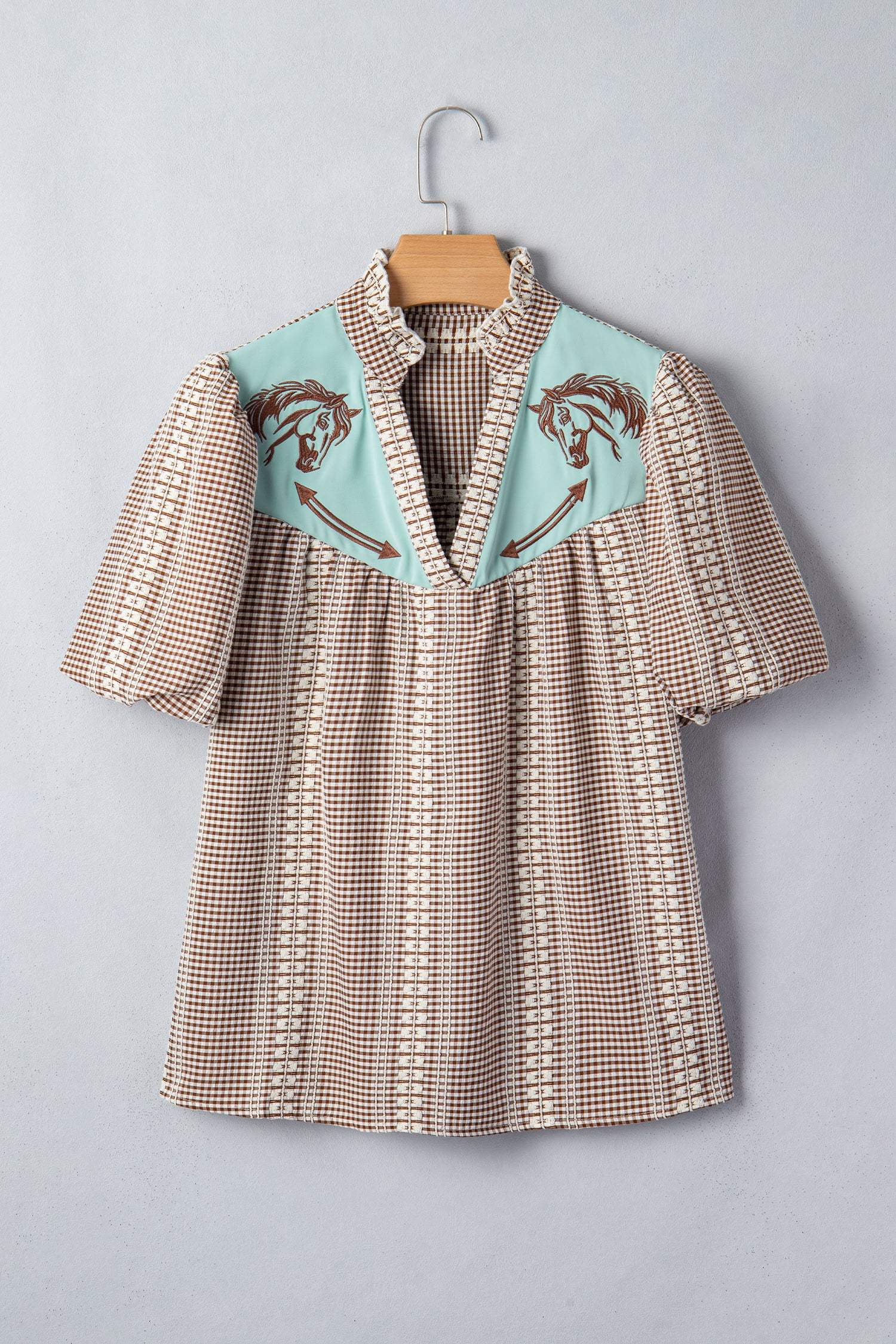 Red Western Pony Embroidered Yoke Puff Sleeve Gingham Blouse
