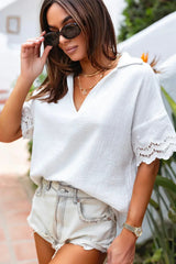 White Crinkled Lace Splicing Sleeve Collared V Neck Blouse