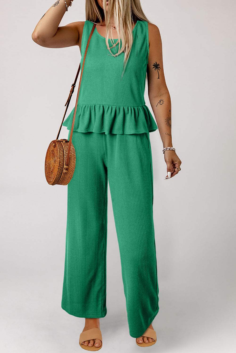 Beau Blue Solid Color Ribbed Ruffle Tank Top and Pants Set