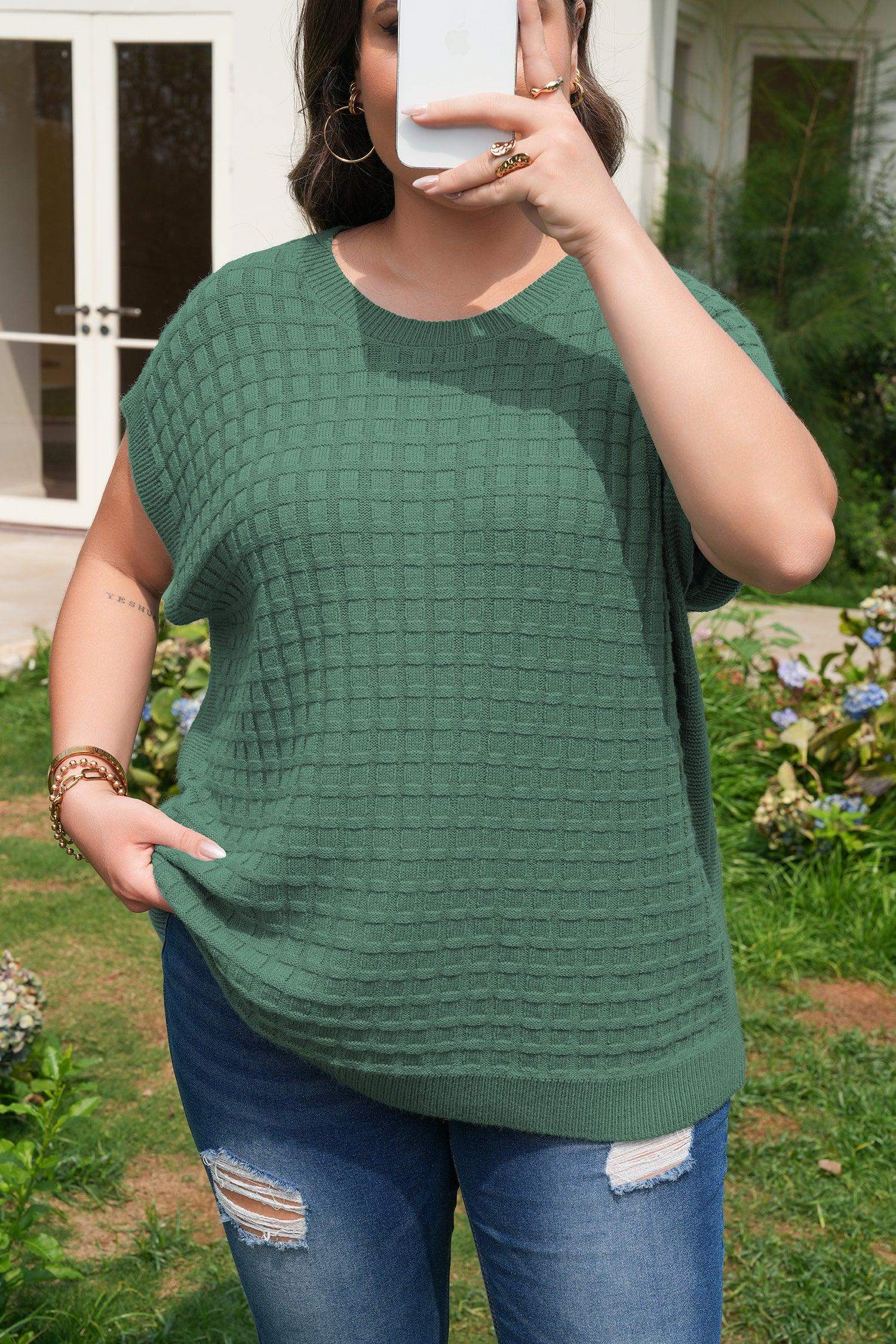 Mist Green Plus Size Solid Color Textured Knit Short Sleeve Sweater
