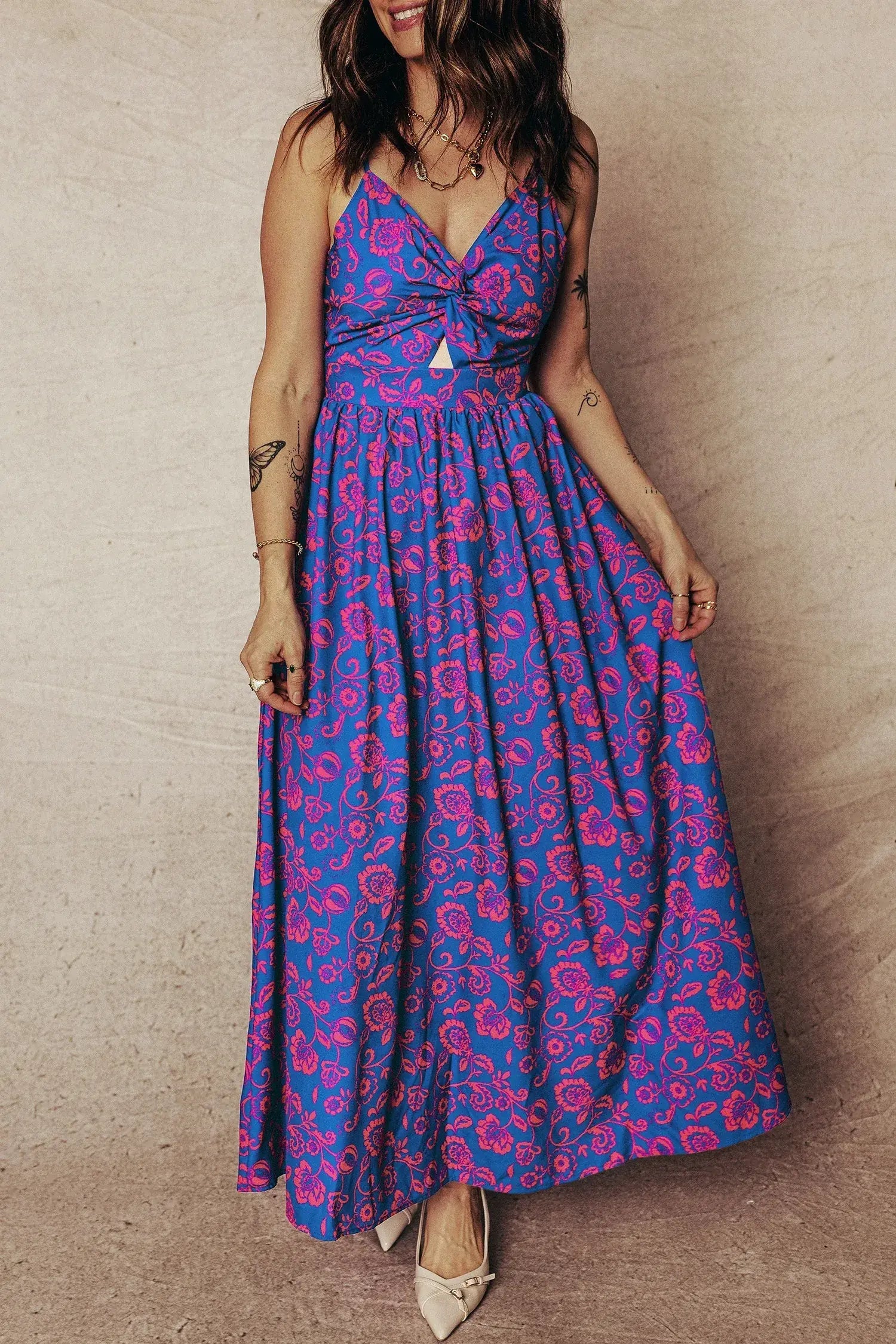 Blue Floral Print Twisted V Neck Tied Backless Maxi Dress