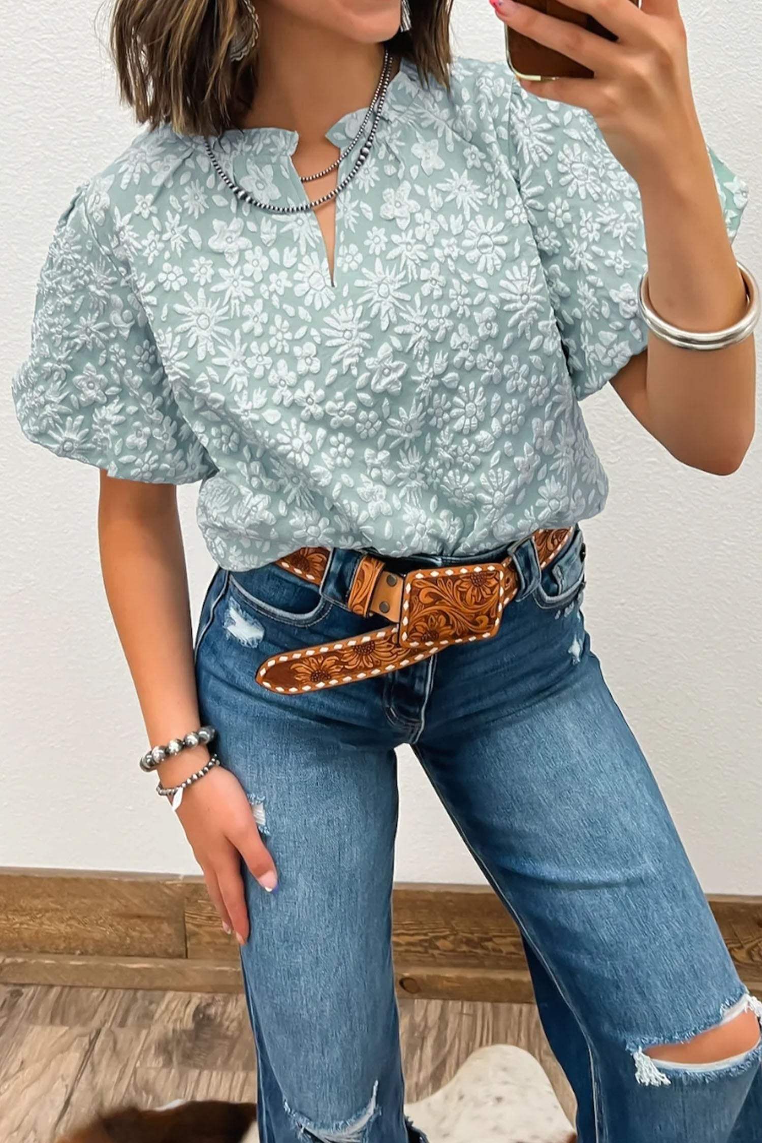 Iceland Blue Floral Textured Jacquard Puff Sleeve Blouse