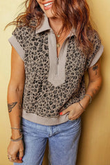 Beige Zip up Collared Leopard Cap Sleeve Top