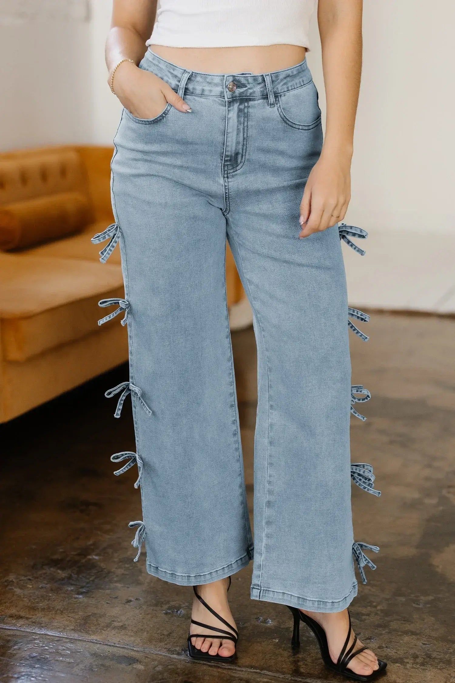 Beau Blue Bow Knot Side Detail Straight Leg Loose Jeans